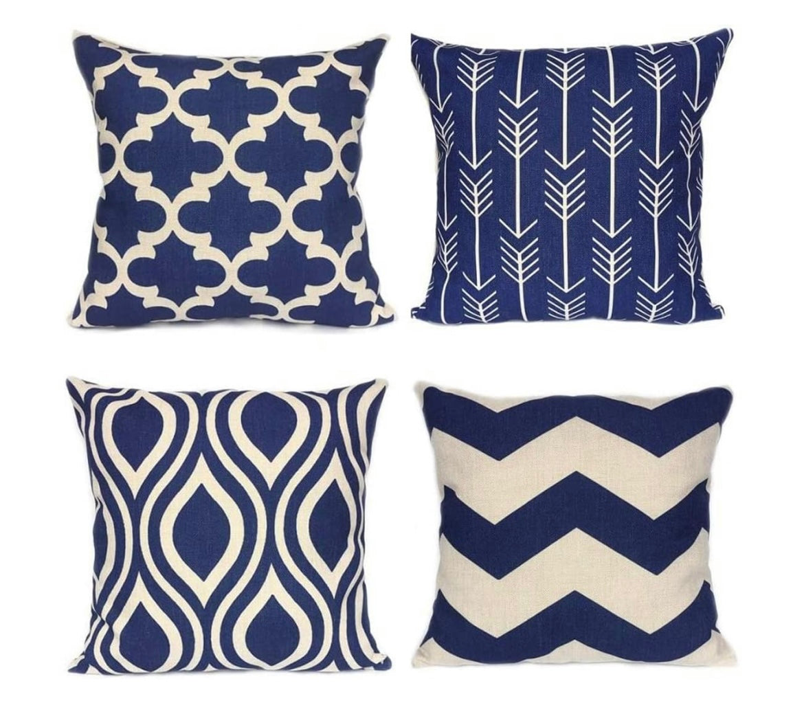 Geometric Throw Pillow Covers Navy Blue Home Deco Outdoor for Sofa Couch Cotton Linen 18 X 18 Inch , Set of 4
