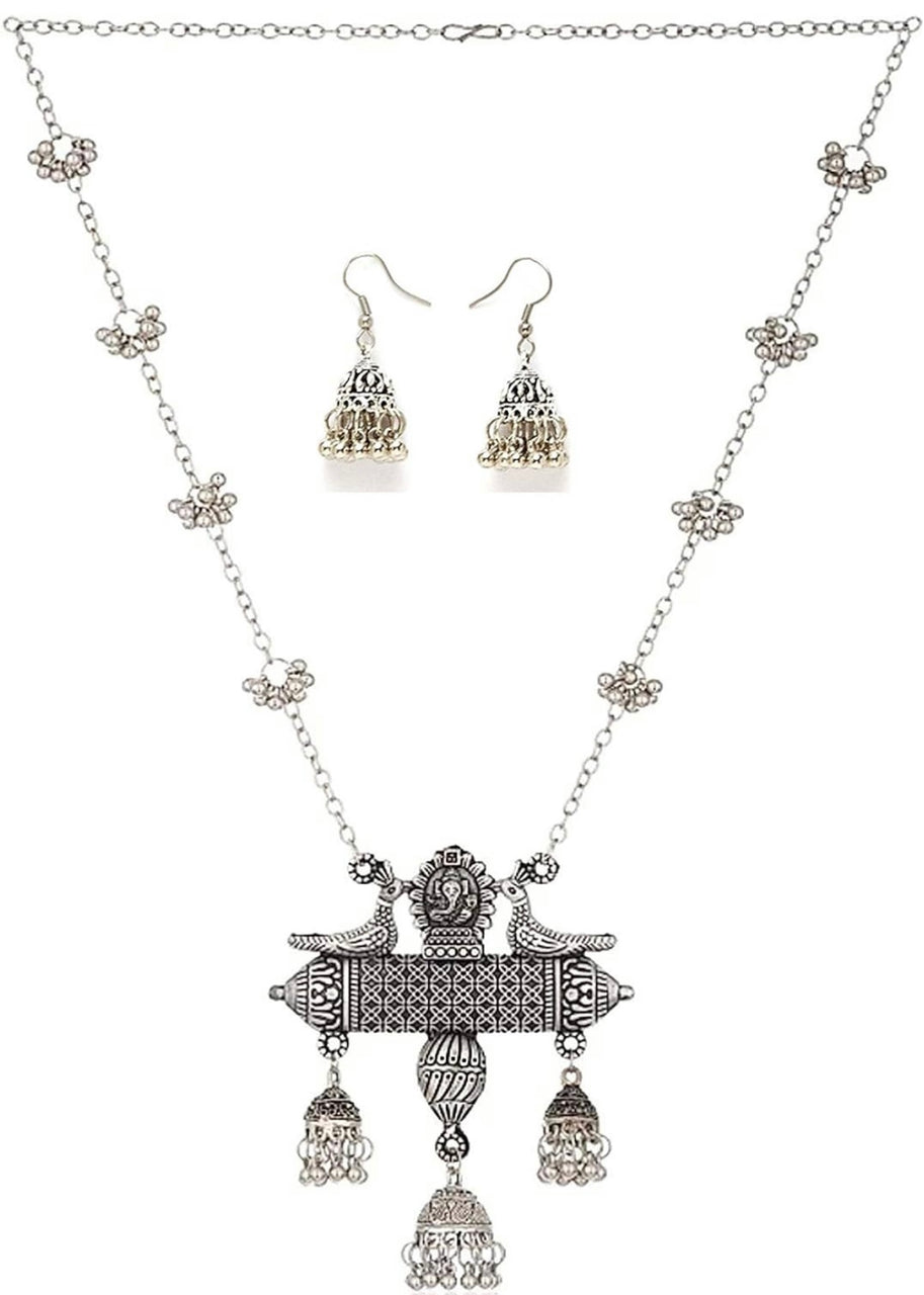 Latest Oxidised German Silver Afghani Long Chain Pendant Earrings Necklace Jewellery Set for Women/Girls (Silver)