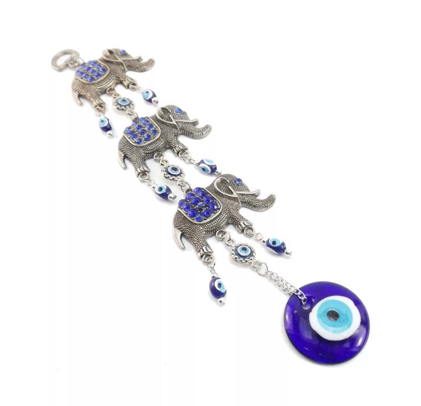 Hanging Lucky Charm with three elephants (silver and blue)
