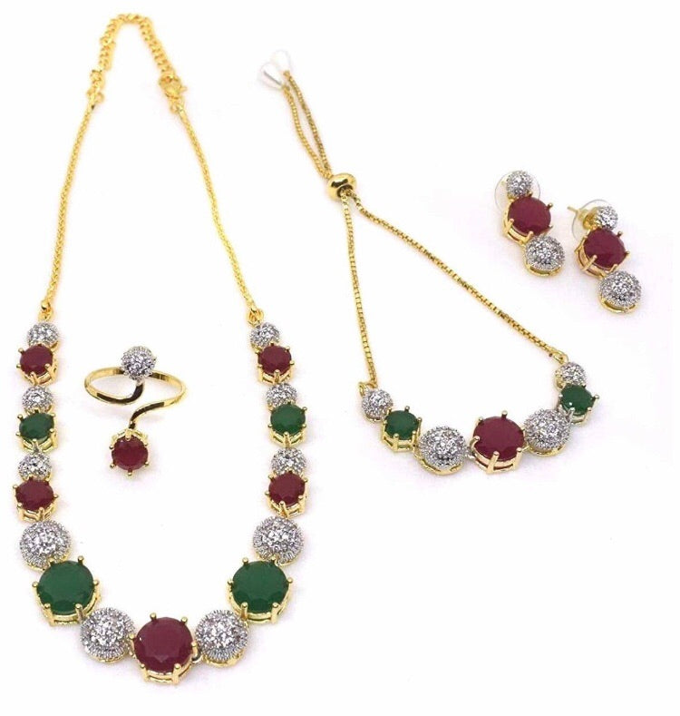 American Diamond Gold Plated Red Green Combo of Necklace Set with Earring and Bracelet for Girls and women