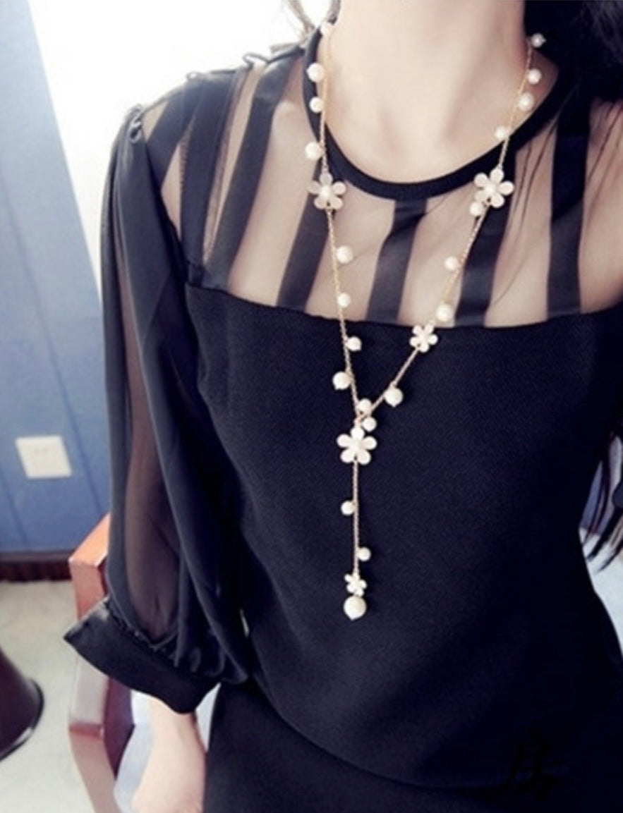 Trendy Fashion Flower Korean Tassel Pearls Long Necklace For Women