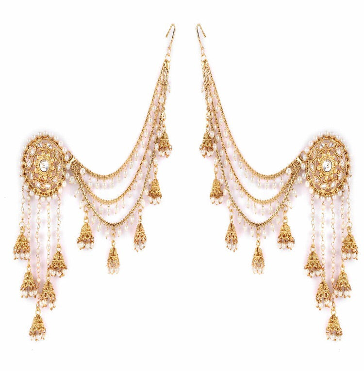 Stylish Fancy Gold Plated Pearl Jhumki Traditional Earrings with Hair Chain