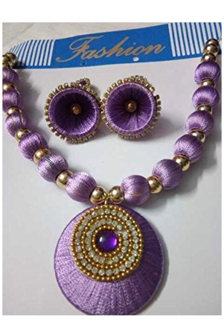 Three colours silk thread fashion jewellery set with necklace and jhumkies for women