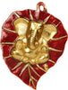 Metal Ganesha Bhagwaan on Paan Leaf Home Decor Wall Hanging Showpiece with Left Side Trunk Near Modak In Two Colours(Red & Green)