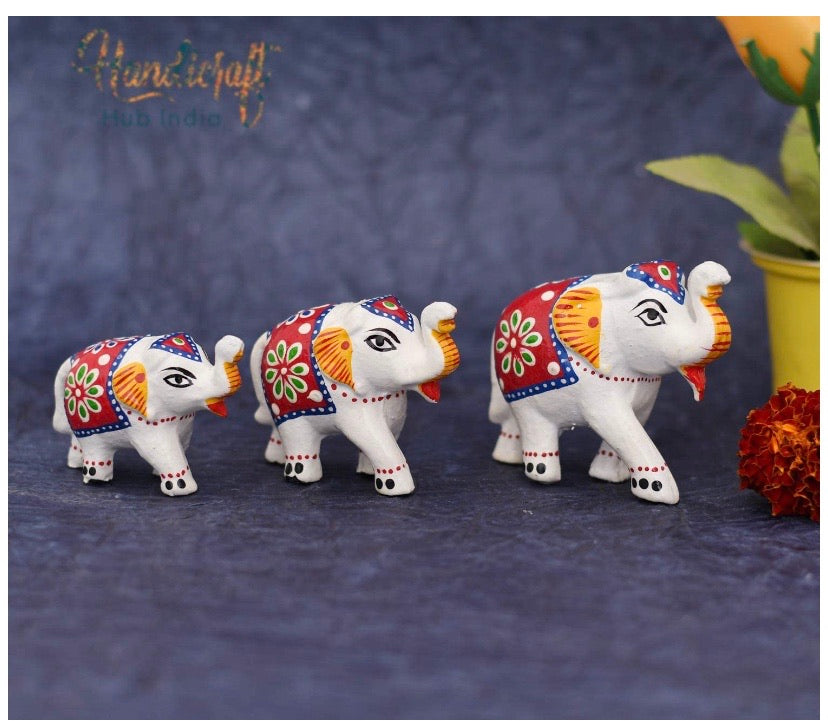 Handmade Elephant Showpiece Figurine Set of 3 for Living Room Home Décor and Gift Purpose (White and Red)