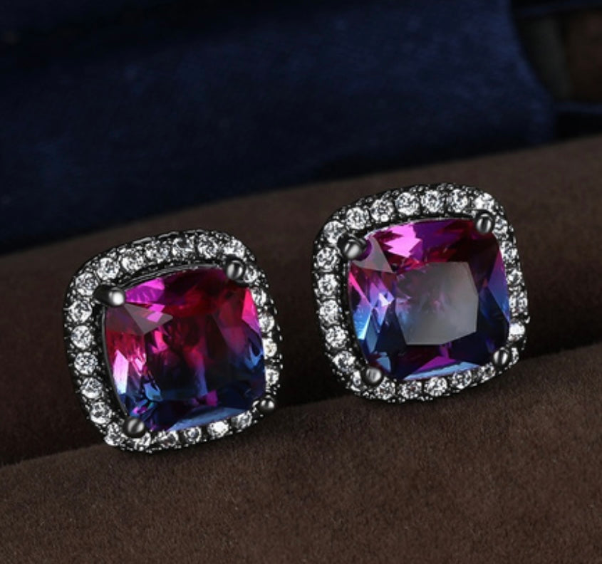 Rainbow Purple Blue Tourmaline Stud Earrings For Women