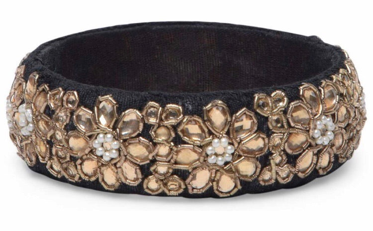 Traditional Bracelet (Bangle/Kada/Chuda) for Womens and Girls with Rajasthani Golden Floral Work (Black)
