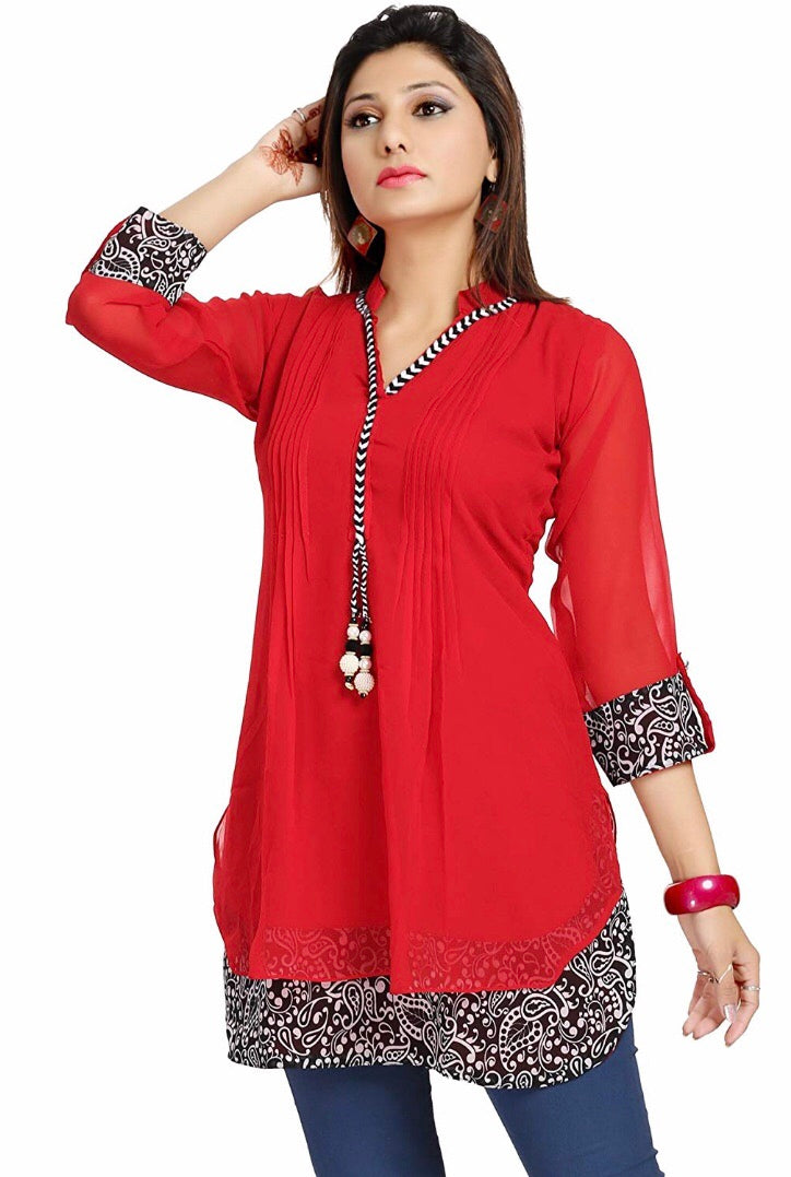 Women's Chiffon A-Line Short Kurti(Red)