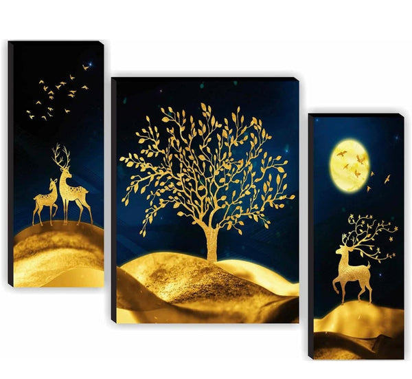 SAF Set of 3 Deer with Tree Modern Art UV Textured Home Decorative Gift Item Self Adeshive Painting (without Frame)18 Inch X 12 Inch
