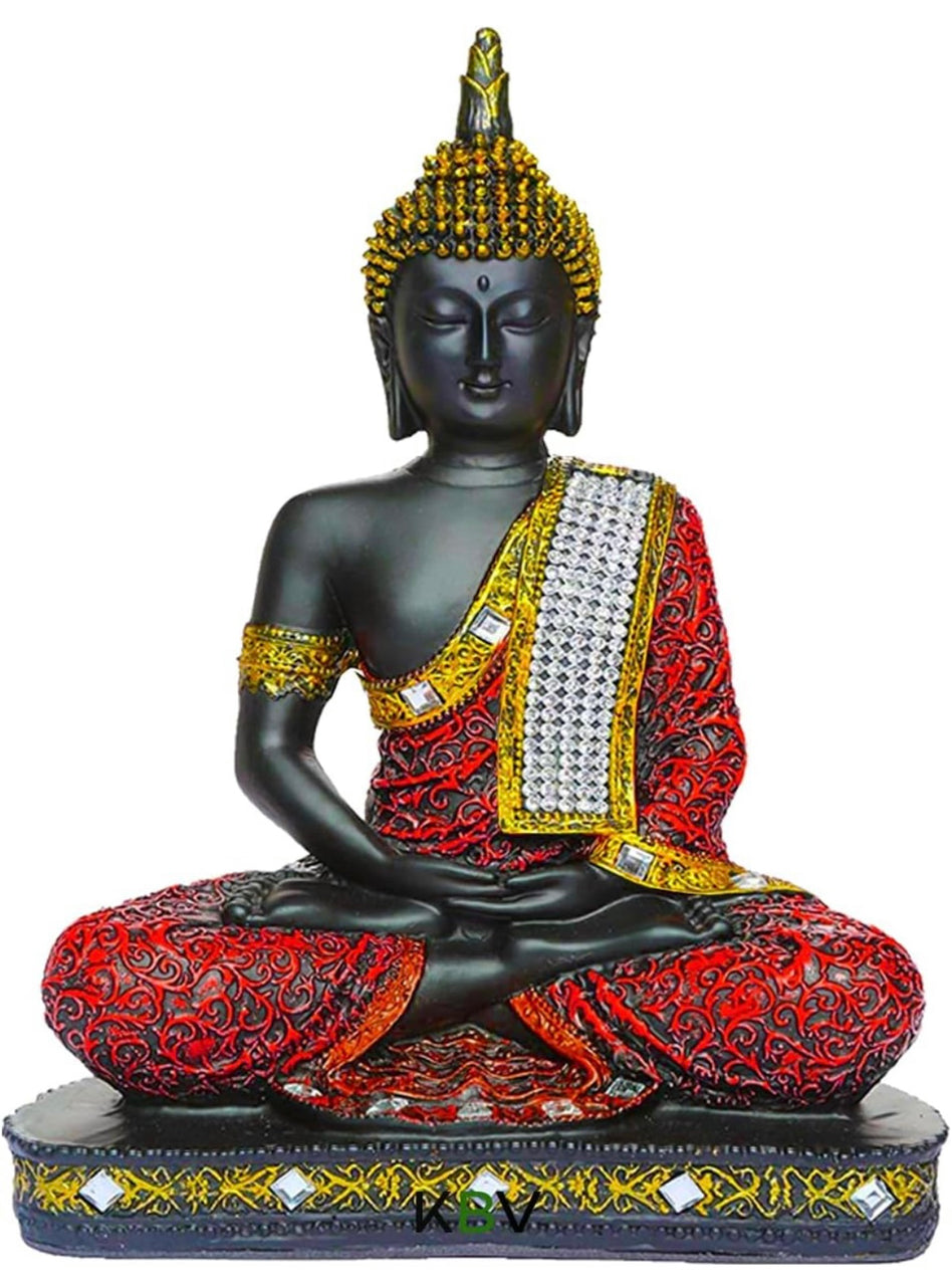 Polyresin Sitting Buddha Idol Statue Showpiece for Home Decor Decoration Gift Gifting Items-Black matte finish(In Combination with Golden and Red)