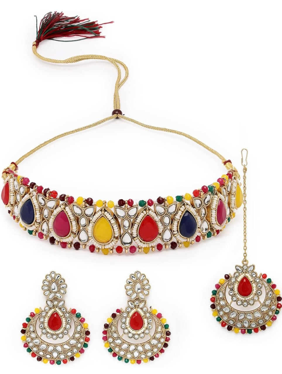 Sukkhi Incredible Drop Shaped White Kundan & Beads Studded Choker Necklace Set For Women