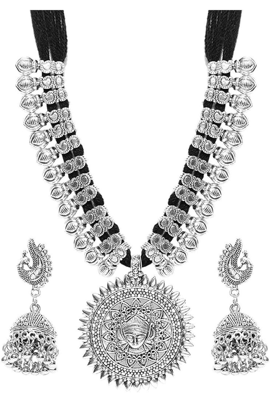 Antique German Silver Oxidised Plated Tribal Cotton Thread Jewellery Necklace Earring Set for Women & Girls