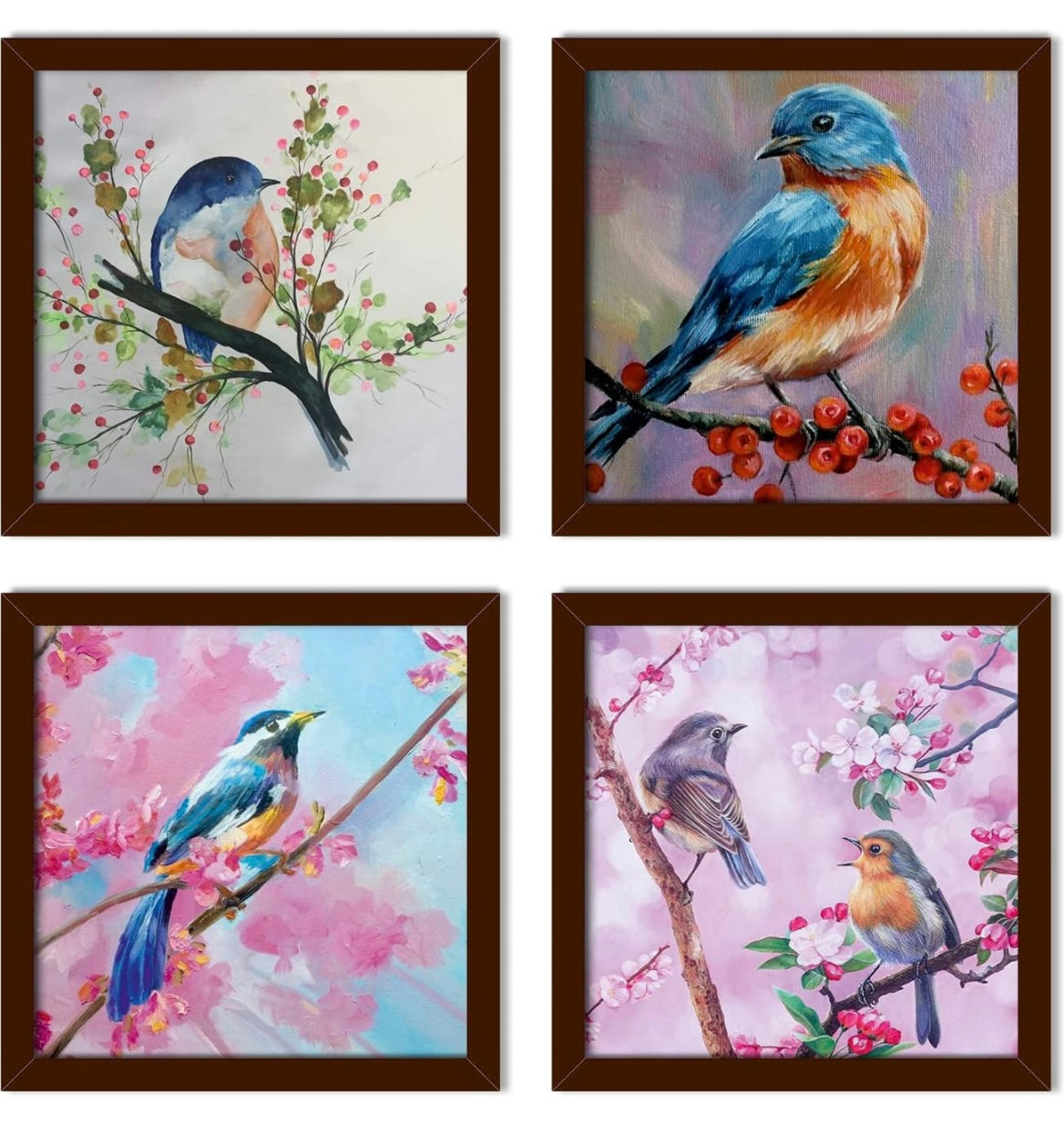 Birds Painting For Wall Set of 4 Brown Framed Art (BIRDS)