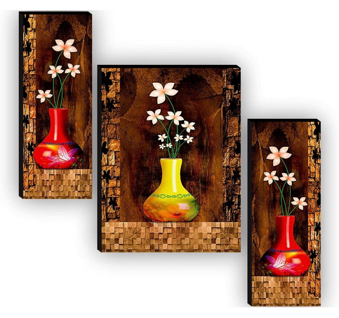 SAF Set of 3 Preety Flower Pot UV Textured Self adeshive Paintings(without frame)for living room with frame Painting 18 Inch X 12 Inch