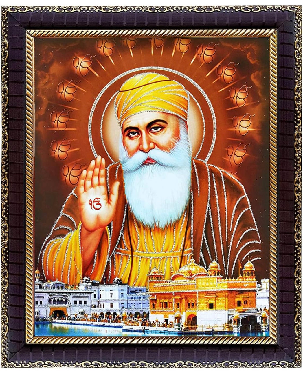 Guru Nanak dev ji with Golden temple Giving Blessing Photo Frame for Wall Hanging/Gift/Temple/puja Room/Home Decor Golden design Frame with unbreakable Acrylic glass for Worship