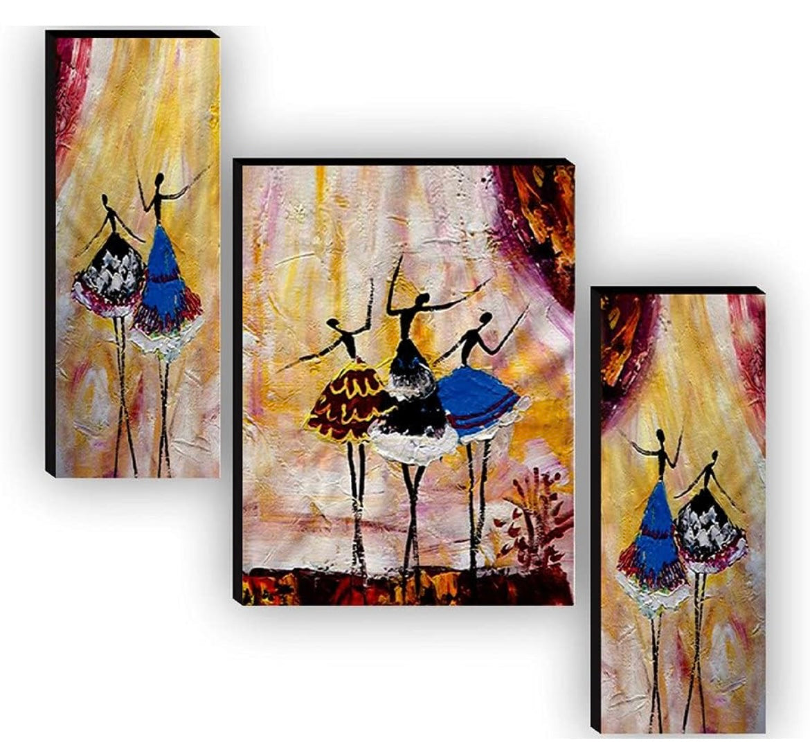 SAF Set of 3 Dancing African Ladies Modern Art UV Textured Paintings for living room (without frame) 12 Inch X 18 Inch SAF-