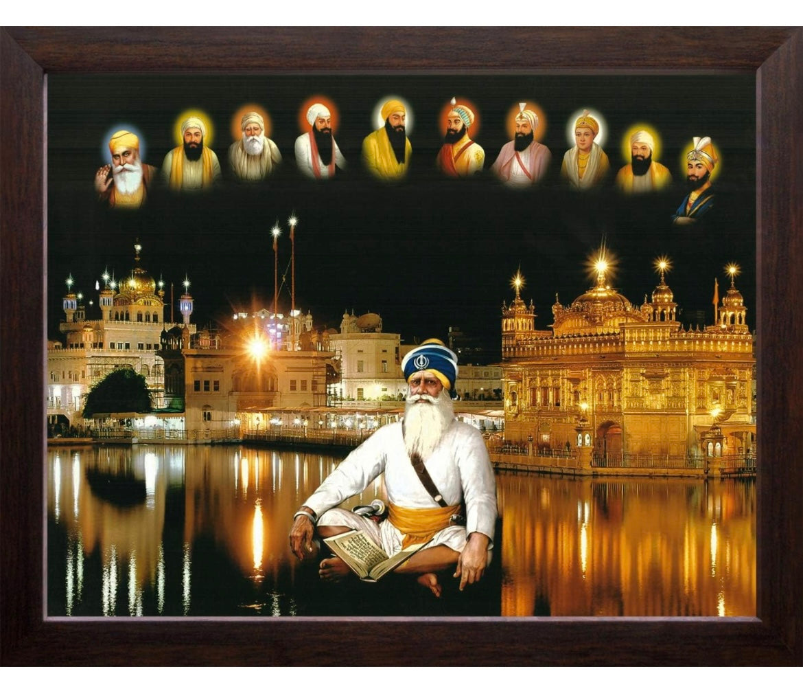 Baba Deep Singh ji with All Ten Sikh Gurus and Golden Temple in Amritsar, HD Printed Religious & Decor Picture with Frame (30 X 23.5 X 1.5 cm_ Brown Wood)