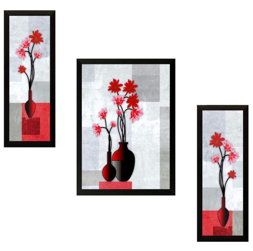 UV Textured Flower Print Framed Painting Set of 3 for Home Decoration – Size 35 x 2 x 50 cm