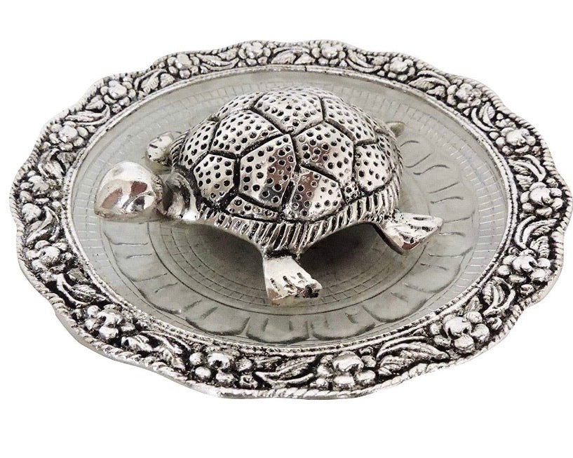 Oxidized Metal Tortoise on Glass Plate for Good Luck Feng Shui Gift Item for Vastu Home Decor (6X6X1 Inch, Silver)