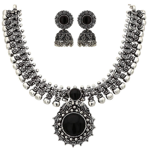 Oxidised German Silver Necklace with Jumki for Women and Girls(Black)