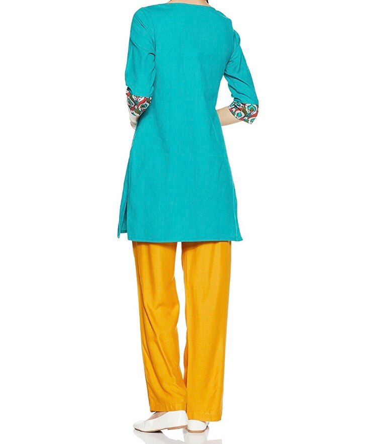 Straight cotton kurta with multicoloured printed neck for girls and women