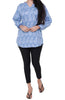 Women’s Linen sky blue printed full sleeve short kurti top with contrast
