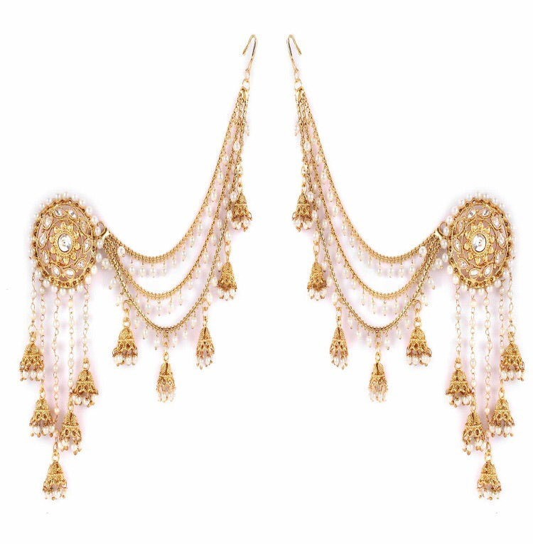 Stylish Fancy  Gold Plated Pearl Jhumki Traditional Earrings with Hair Chain
