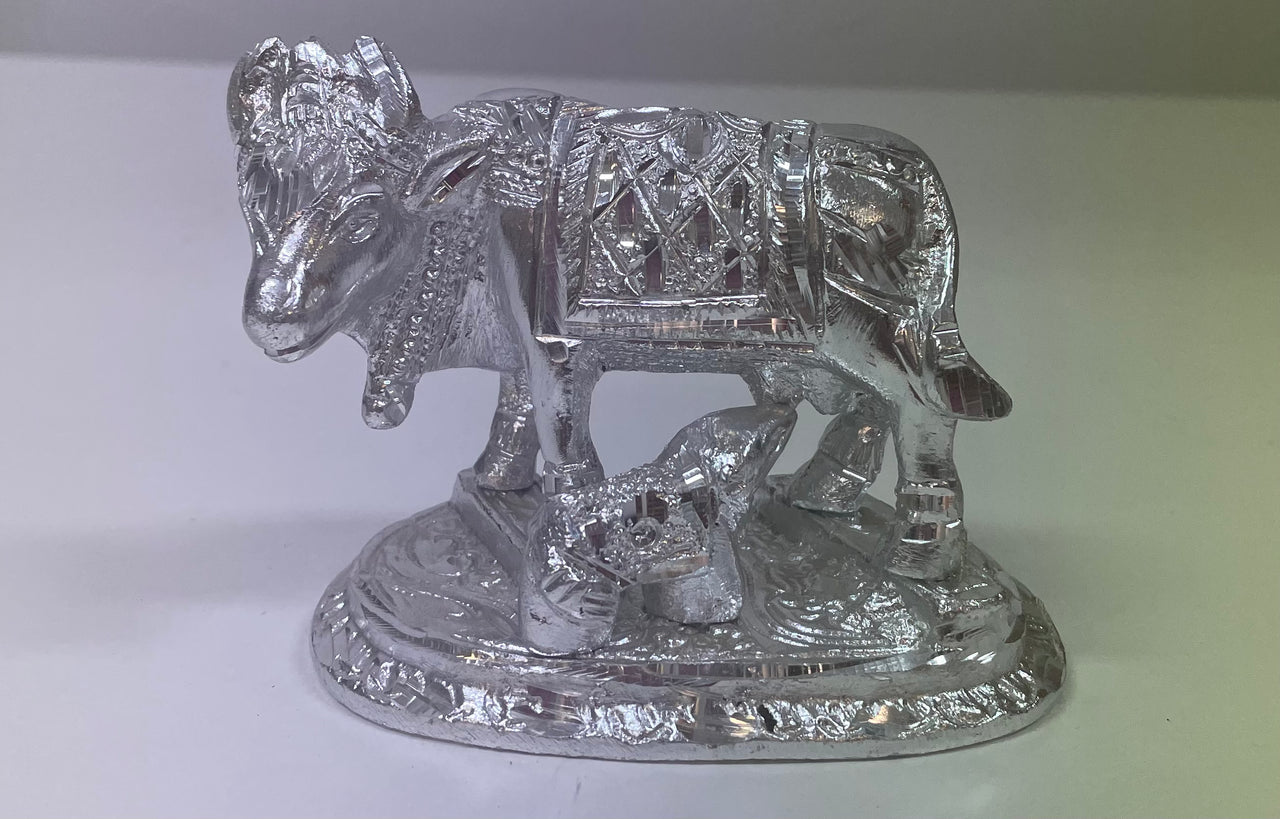 Metal Cow and Calf Idol Kamdhenu Showpiece, In Three Colours 9.5x8cm Tall,