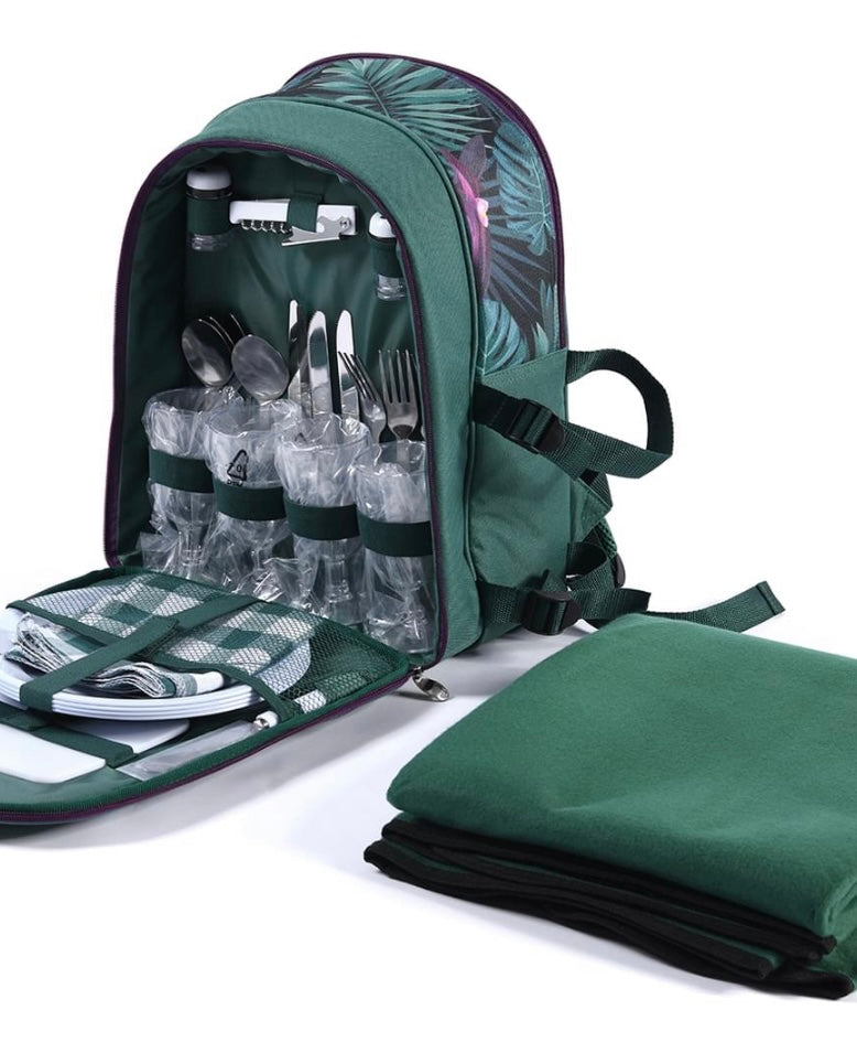 4 person Picnic Backpack and Cooler w/ Blanket - Green