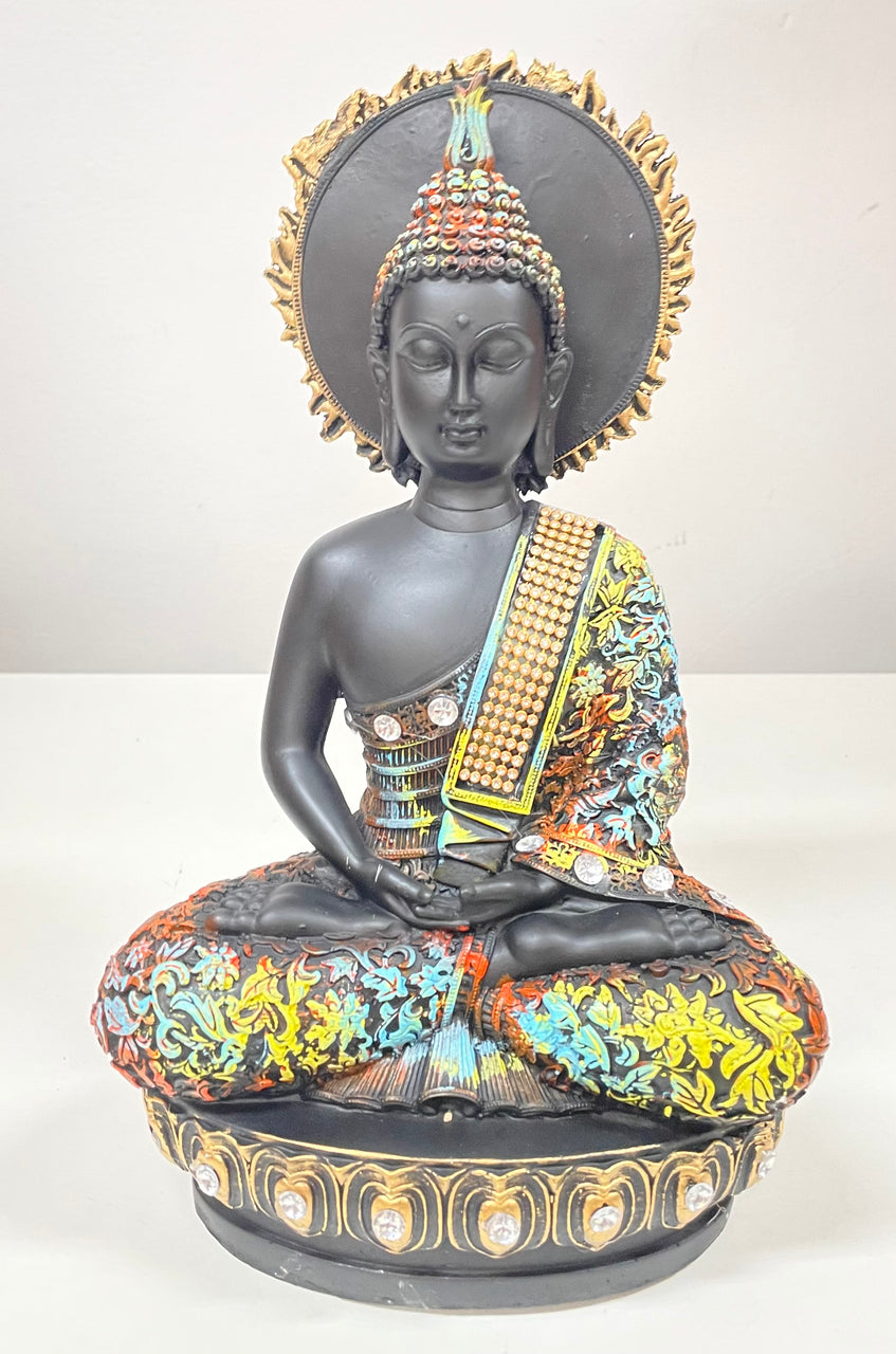Buddha Statue for Home Office Decor Big Size Idols for Living Room Door Entrance Decoration Showpiece Items Figurine (Resin Buddha Idol In Two Colours, Black and Gold/ Multicolour)