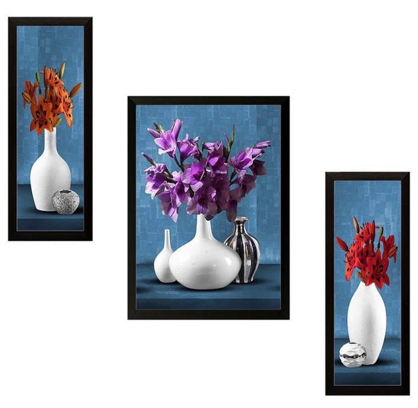 UV Textured Flower Print Framed Art Print Painting Set of 3 for Home Decoration – Size 35 x 2 x 50 cm