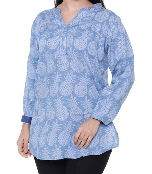Twist women’s linen sky blue pineapple printed full sleeves short kurti Top with contrast