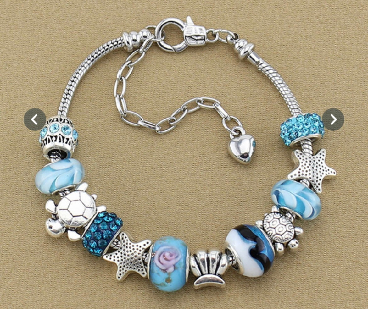 Blue Crystal Ocean Shell Glass Beads Chain Bracelet