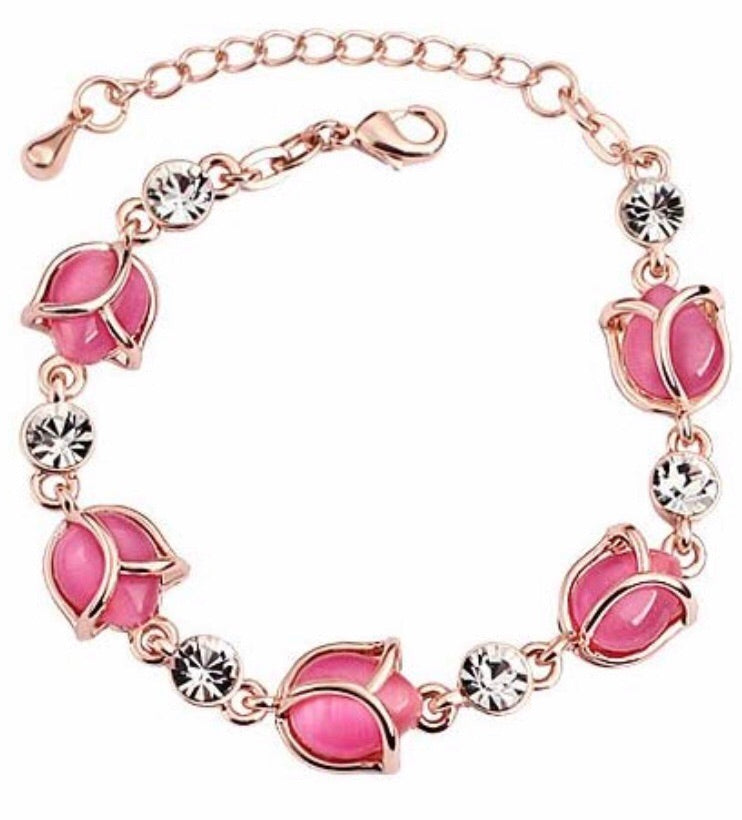 Copper Rose Buds Collection Opal Charm Bracelet for Women (Pink)