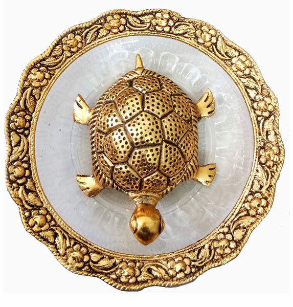 Metal Feng Shui Tortoise On Plate Showpiece (Golden, Diameter: 5.5 Inch)