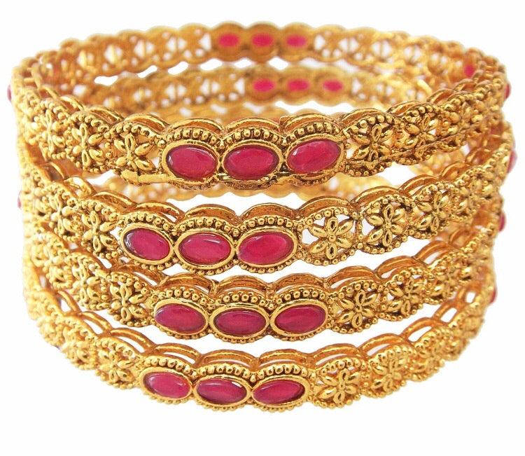 Ruby Gold Plated Floral Design 4pc Bangles Fashion Jewellery for Womens/Girls